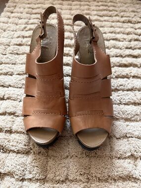 Franco Sarto Brown Leather Cutout Slingback Heels, size 8